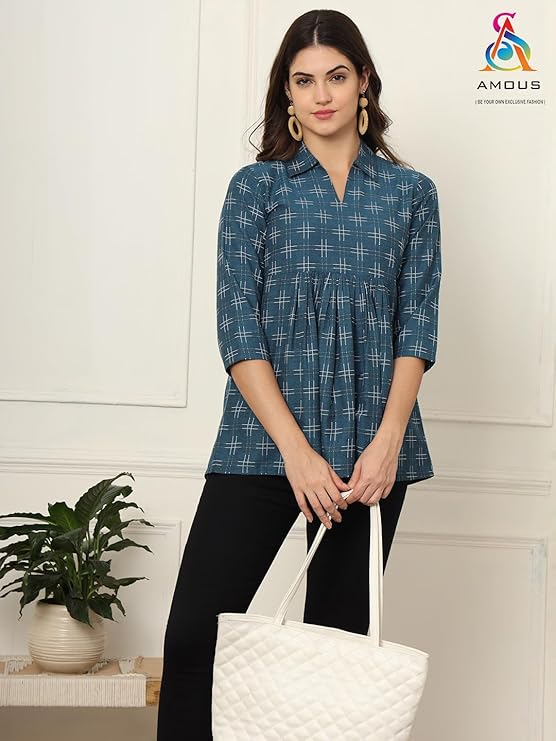 amous printed cotton long tunic top for women | short kurti for women | tunics top | tunics for women kurti | western office top | print tunic | print top | cotton print top
