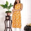 amous green floral straight kurti for women | elegant sleeveless cotton blend kurta for office, casual | stylish kurti for girls