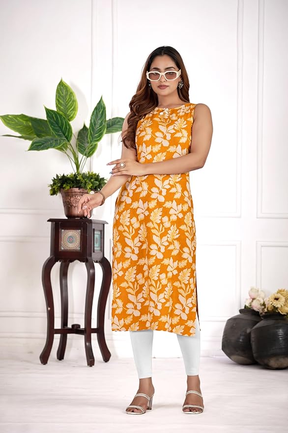 amous green floral straight kurti for women | elegant sleeveless cotton blend kurta for office, casual | stylish kurti for girls