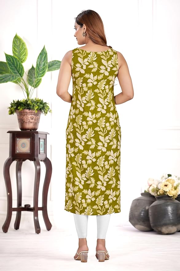 amous green floral straight kurti for women | elegant sleeveless cotton blend kurta for office, casual | stylish kurti for girls