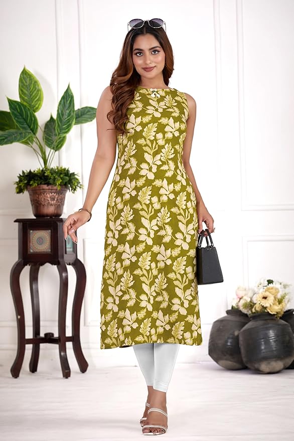 amous green floral straight kurti for women | elegant sleeveless cotton blend kurta for office, casual | stylish kurti for girls
