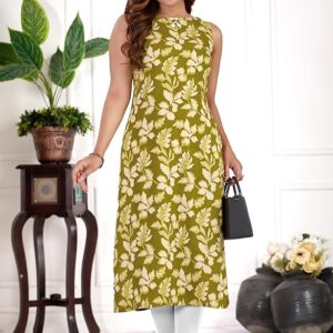 amous green floral straight kurti for women | elegant sleeveless cotton blend kurta for office, casual | stylish kurti for girls