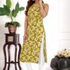 amous green floral straight kurti for women | elegant sleeveless cotton blend kurta for office, casual | stylish kurti for girls