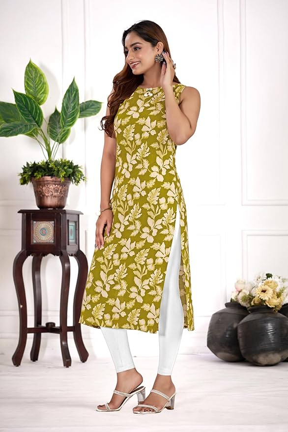 amous green floral straight kurti for women | elegant sleeveless cotton blend kurta for office, casual | stylish kurti for girls