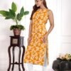 amous green floral straight kurti for women | elegant sleeveless cotton blend kurta for office, casual | stylish kurti for girls