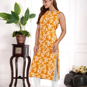 amous green floral straight kurti for women | elegant sleeveless cotton blend kurta for office, casual | stylish kurti for girls
