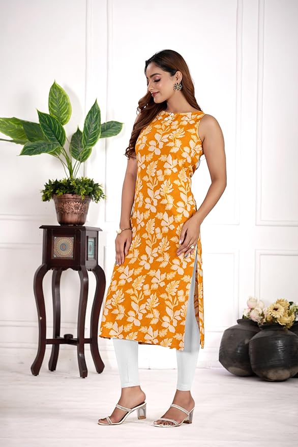 amous green floral straight kurti for women | elegant sleeveless cotton blend kurta for office, casual | stylish kurti for girls