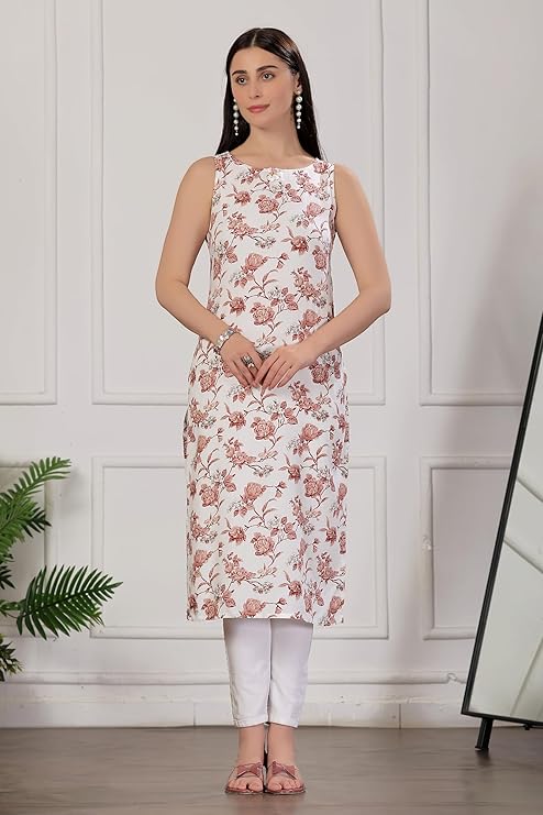 amous stylish sleeveless printed straight kurti for women – elegant abstract design for casual & office look