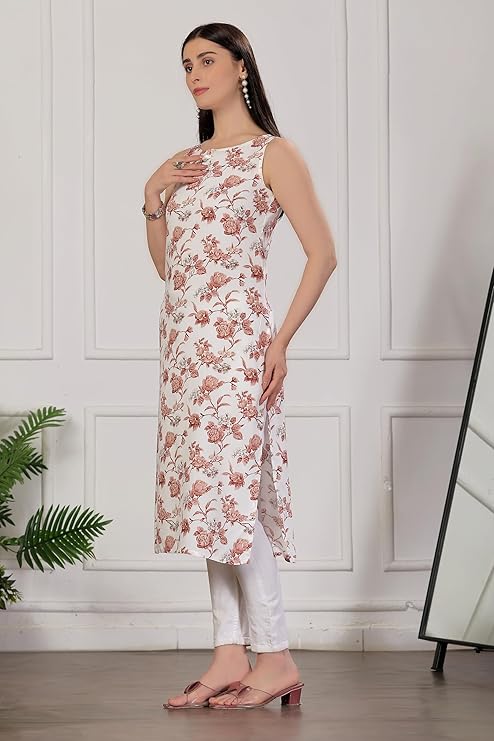 amous stylish sleeveless printed straight kurti for women – elegant abstract design for casual & office look