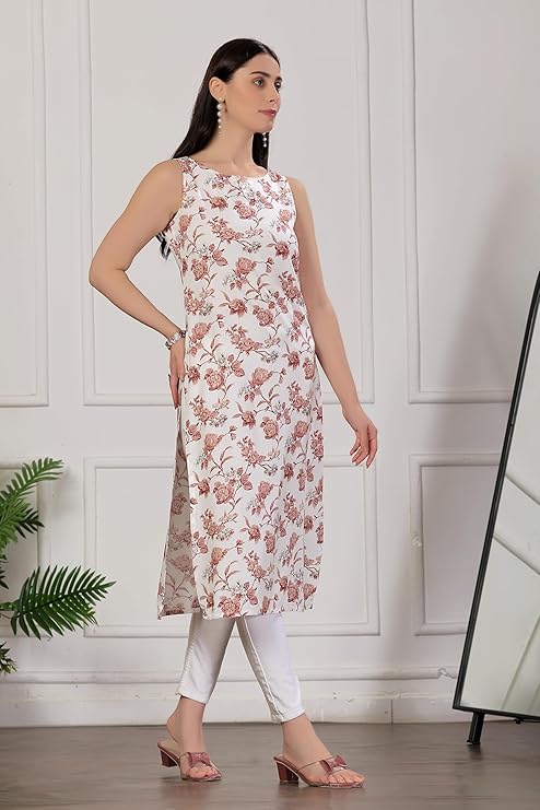 amous stylish sleeveless printed straight kurti for women – elegant abstract design for casual & office look