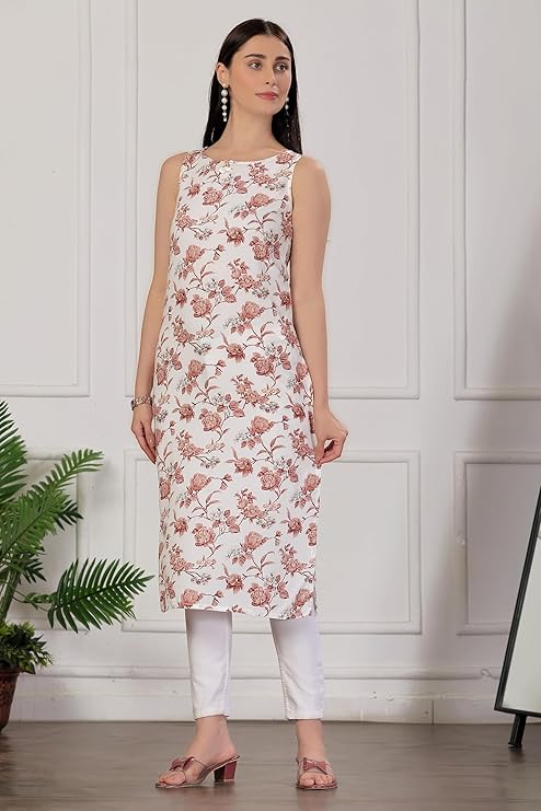 amous stylish sleeveless printed straight kurti for women – elegant abstract design for casual & office look