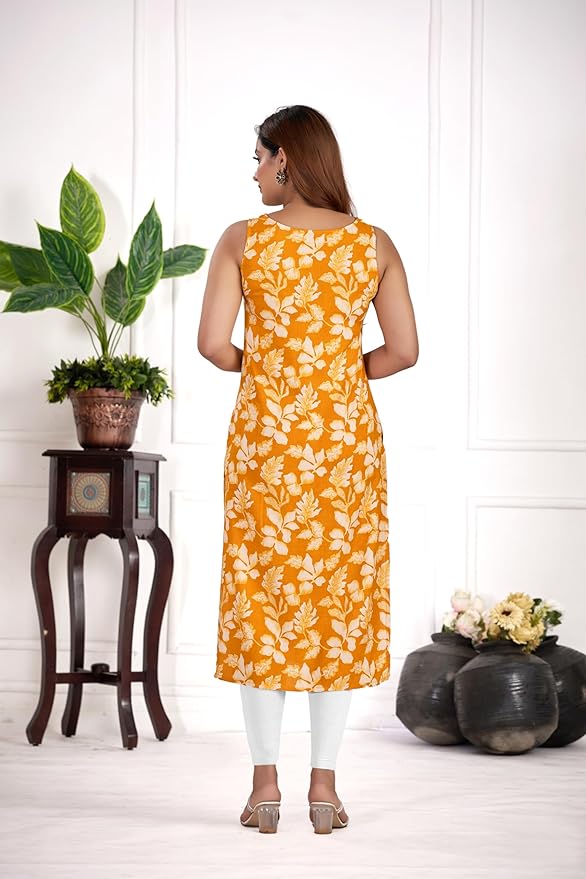 amous green floral straight kurti for women | elegant sleeveless cotton blend kurta for office, casual | stylish kurti for girls