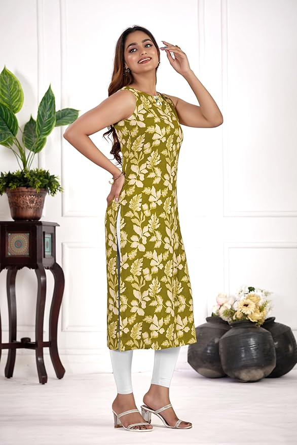 amous green floral straight kurti for women | elegant sleeveless cotton blend kurta for office, casual | stylish kurti for girls